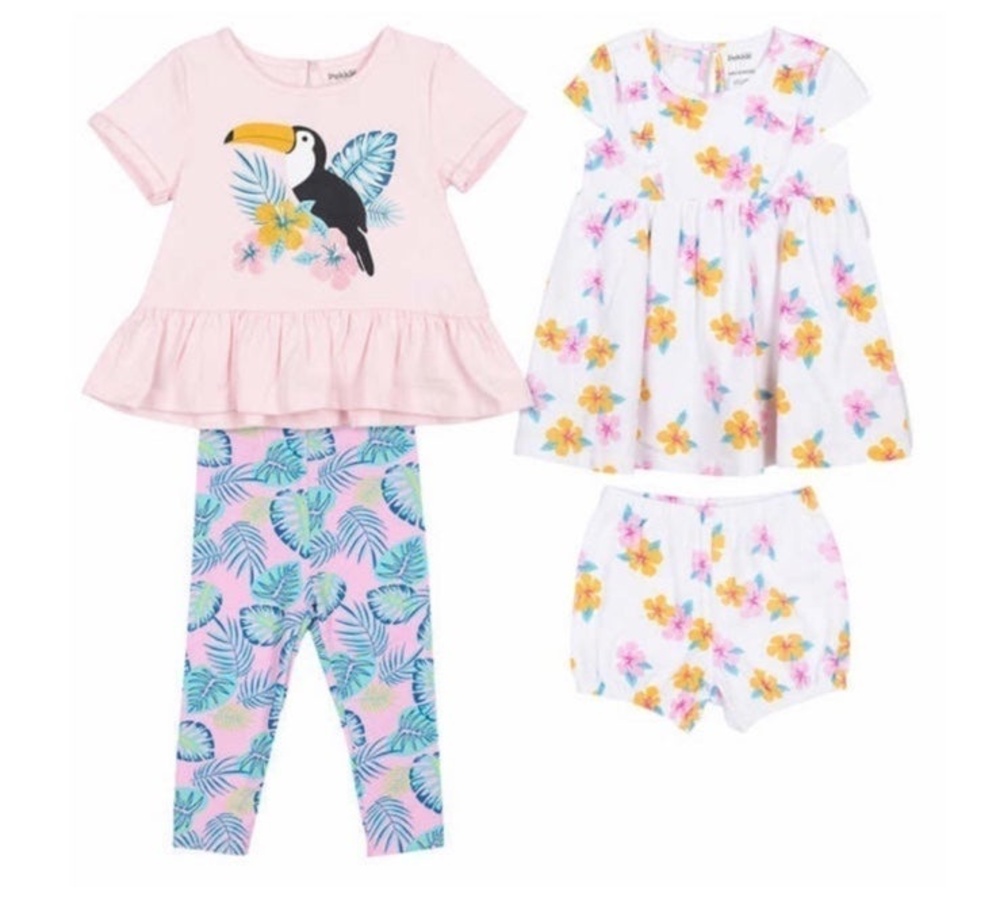 Girls Outfit 9 Months Set 4 Pieces Pink Blue Green Toucan Bird Tropical 9M Baby